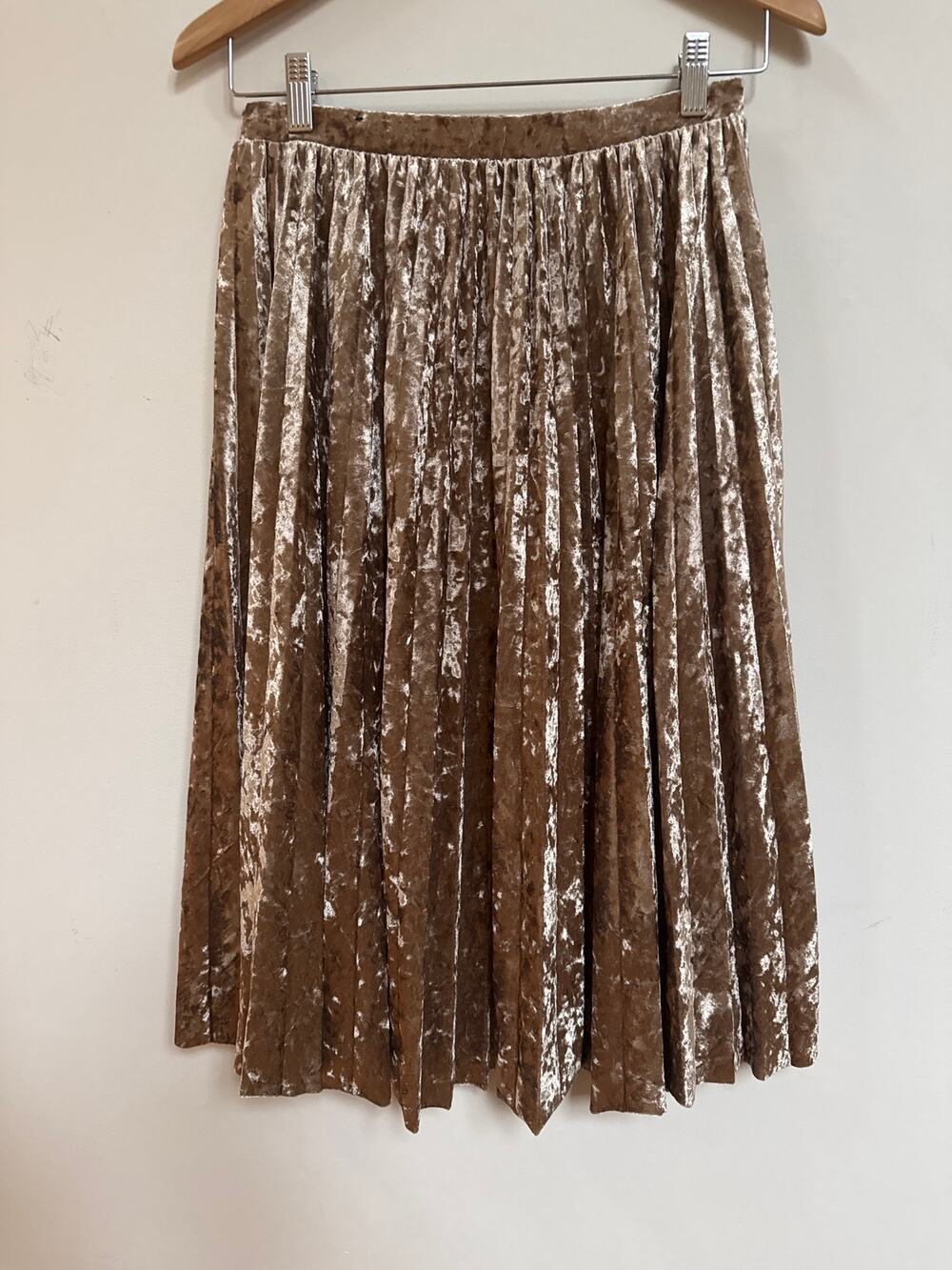 One 5 One Brown Pleated Velvet Midi Skirt Classic Party Dressy Casual Small